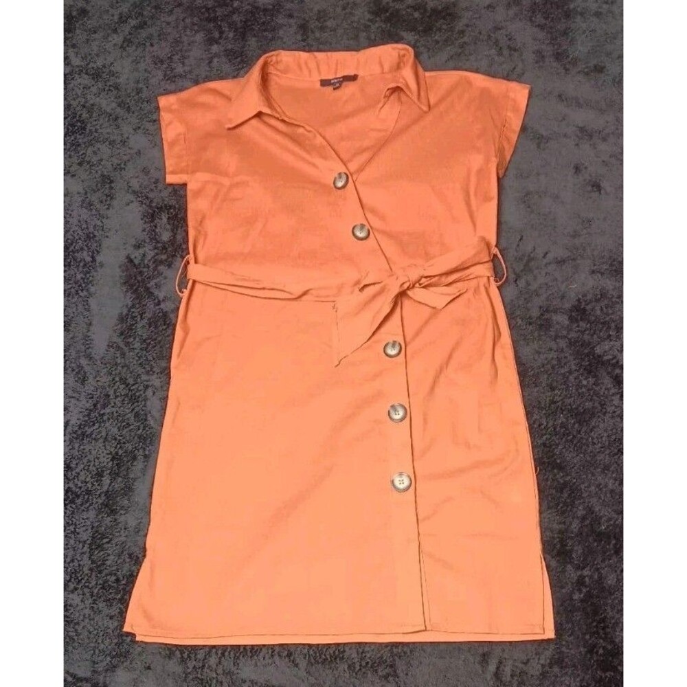 Blashe Linen Blend Belted Button Up Shirt Dress M Burnt Orange Coastal Casual